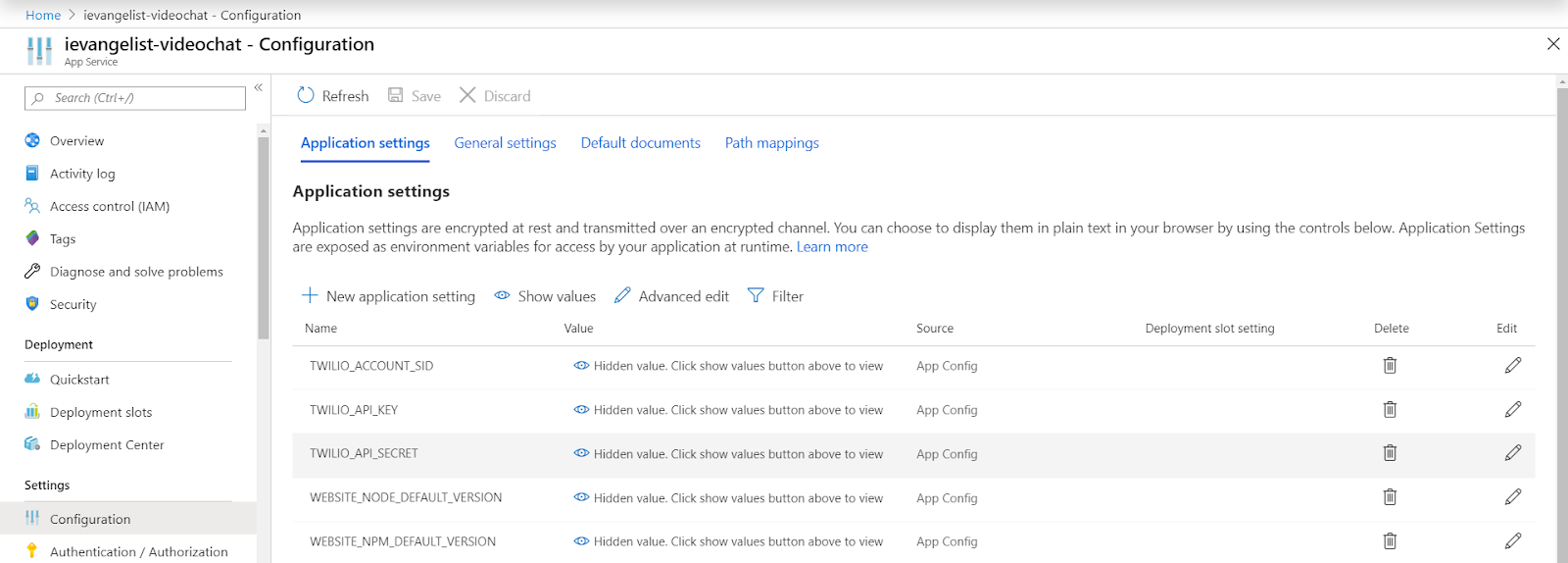 Azure Portal App Services Configuration Application Settings user interface screenshot