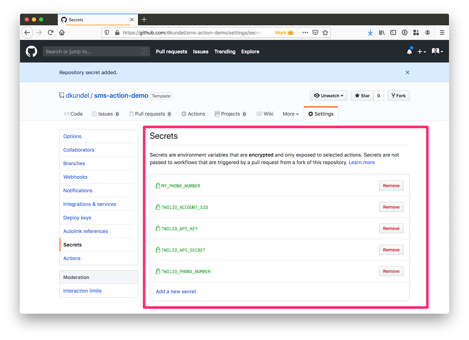 screenshot of GitHub secrets screen with all secrets created