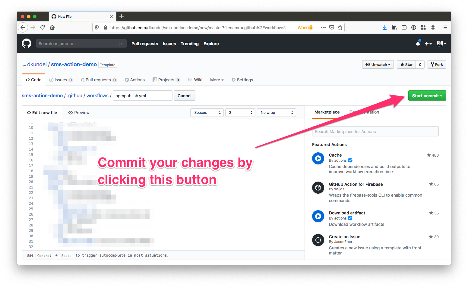 screenshot of GitHub highlighting the "Start Commit" button