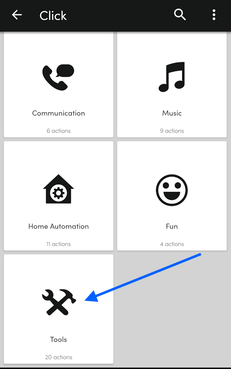 Screenshot o the Flick button UI where you can pick categories of action. There is an arrow pointing to "Tools" which is the category we want.