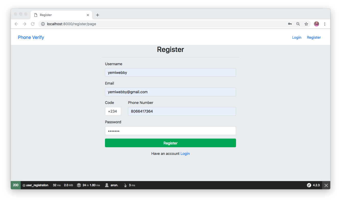 Symfony registration screen