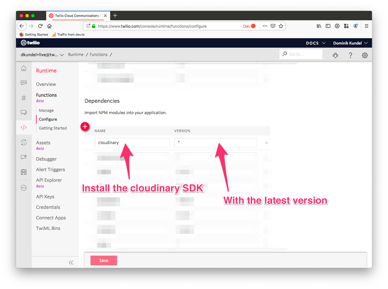 Screenshot of the Dependencies section of Twilio Functions with cloudinary installed with version *