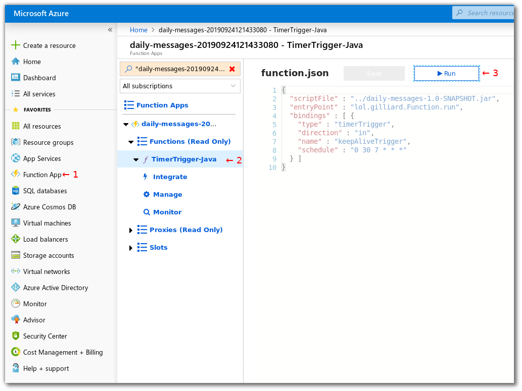 Visual guide to Azure&#39;s portal. Choose "Function App" then "Functions" then "TimerTrigger-Java" then click the "Run" button.