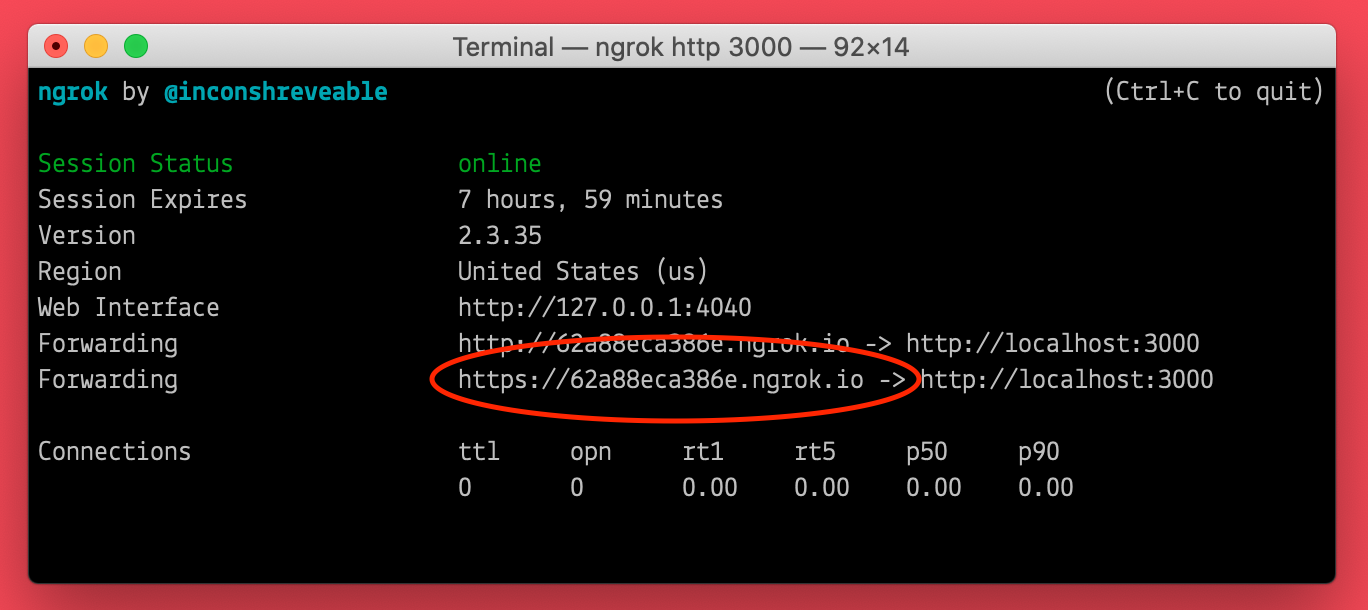 Screenshot of ngrok response with forwarding address circled