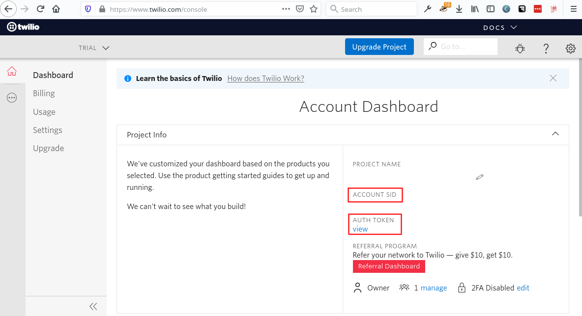 Twilio Account SID and Auth Token