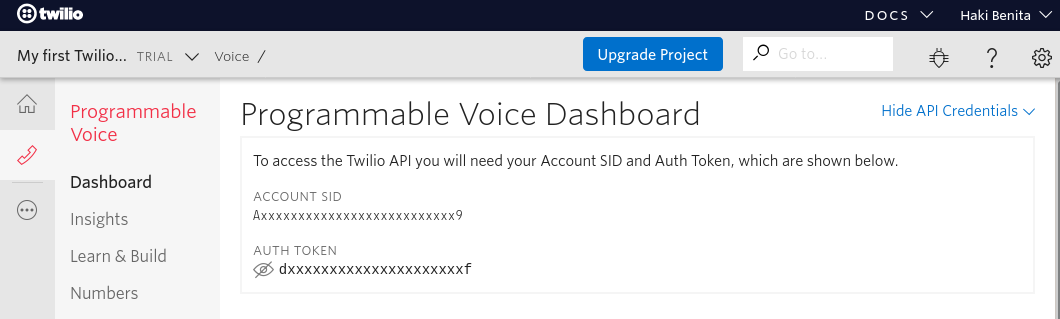 twilio account sid and auth token screenshot