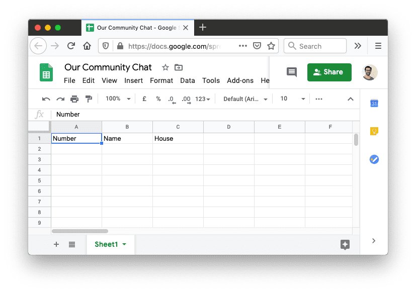 A Google sheet with three column headings: Number, Name and House