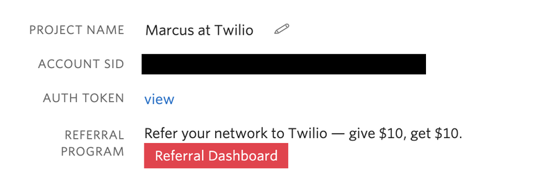 Captura de tela Account SID (SID da conta) da Twilio