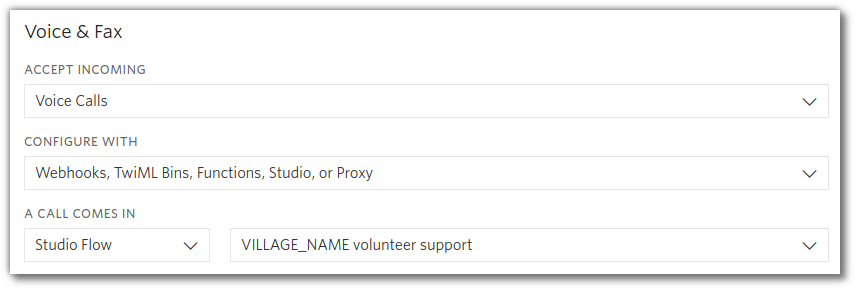 Screenshot of Twilio console configuring incoming calls