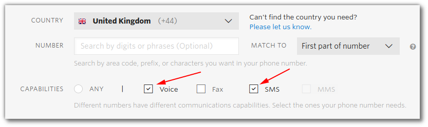 Screenshot of Twilio console purchasing a phone number highlighting voice and sms capabilities