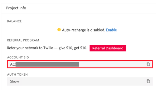 Account sid (sid da conta) no console da Twilio