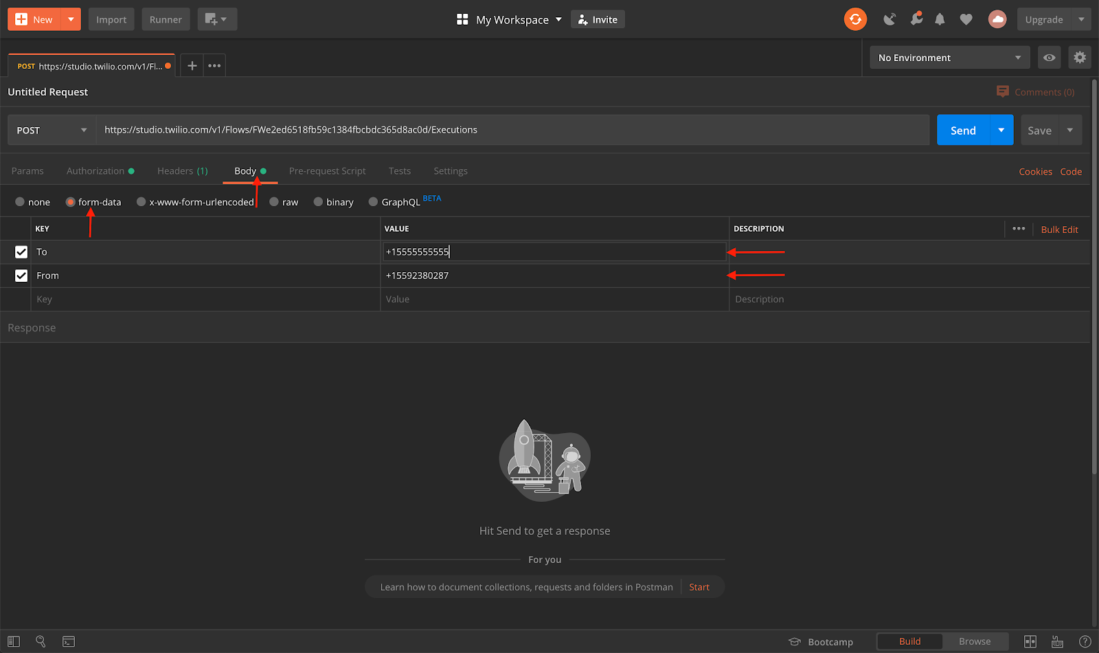 Setting "To" and "From" number in Postman for Twilio