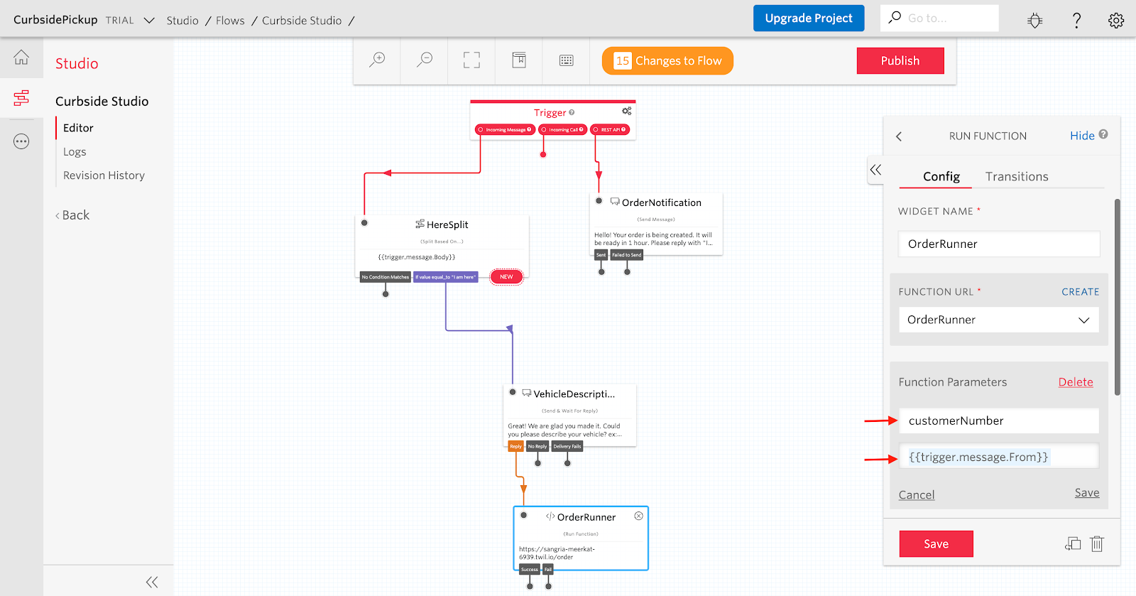 Passing incoming text message number from Twilio Studio to a Function