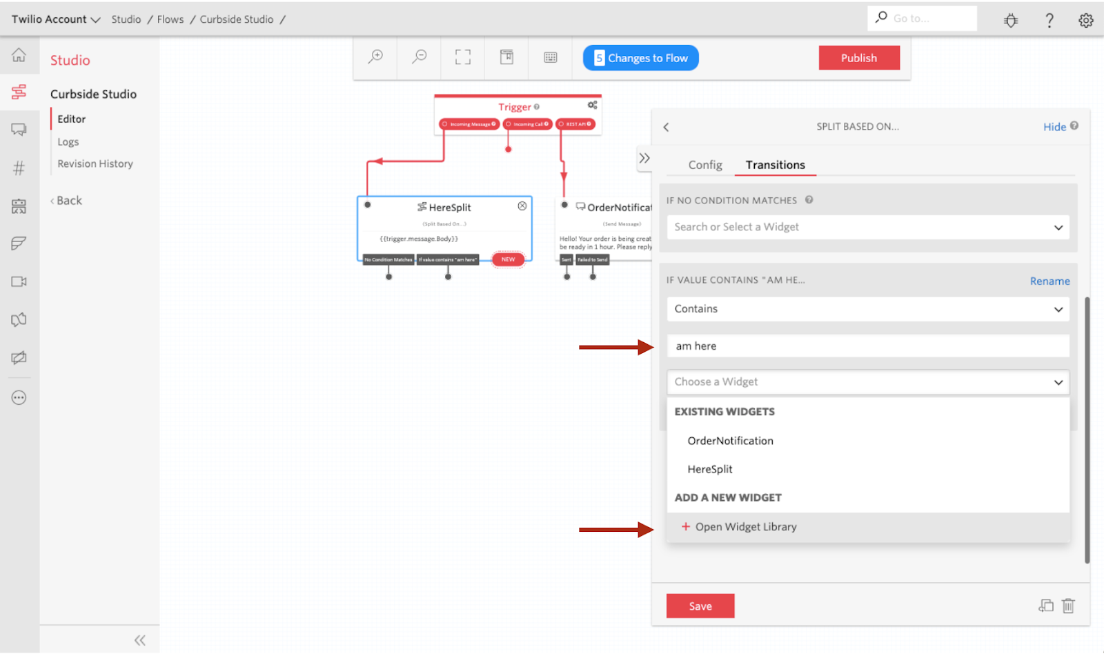 Setting a transition widget in Studio