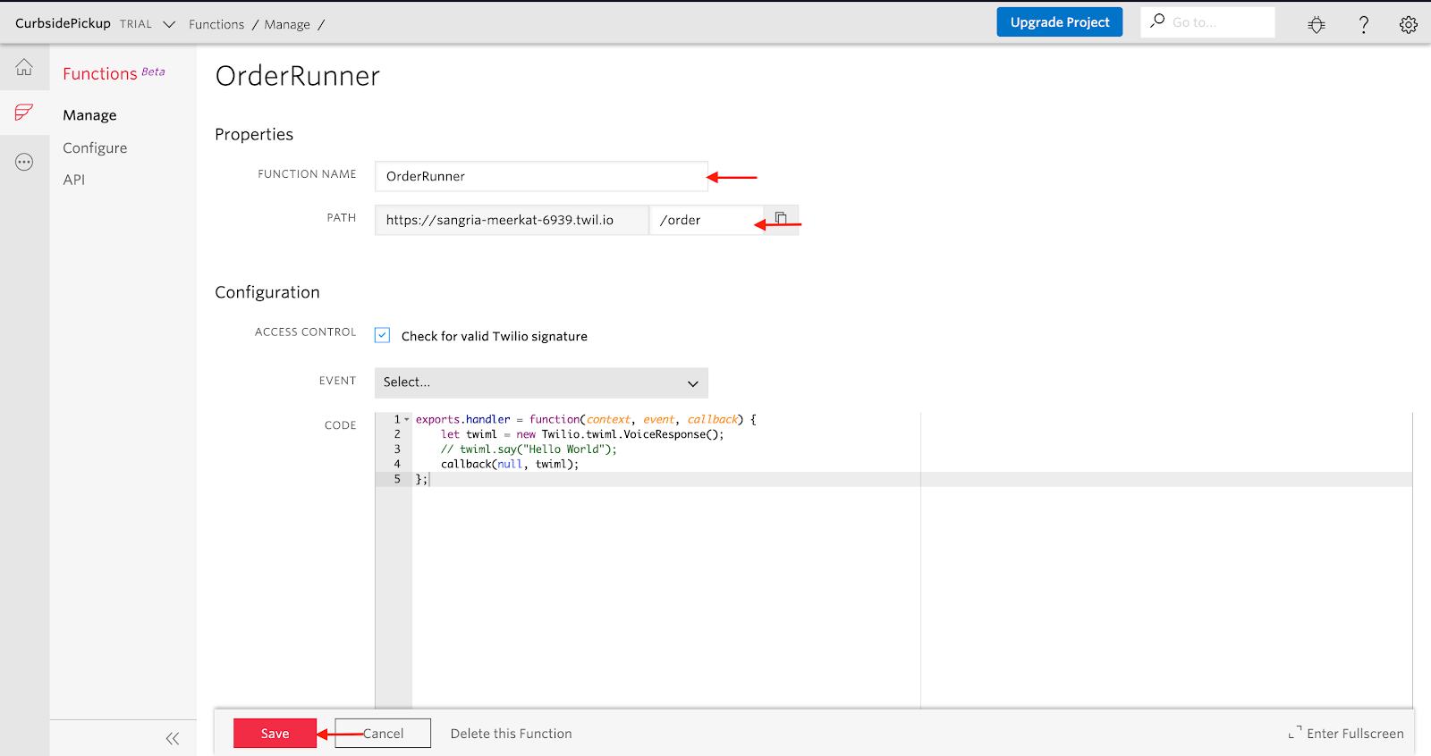 Saving a blank Twilio Function