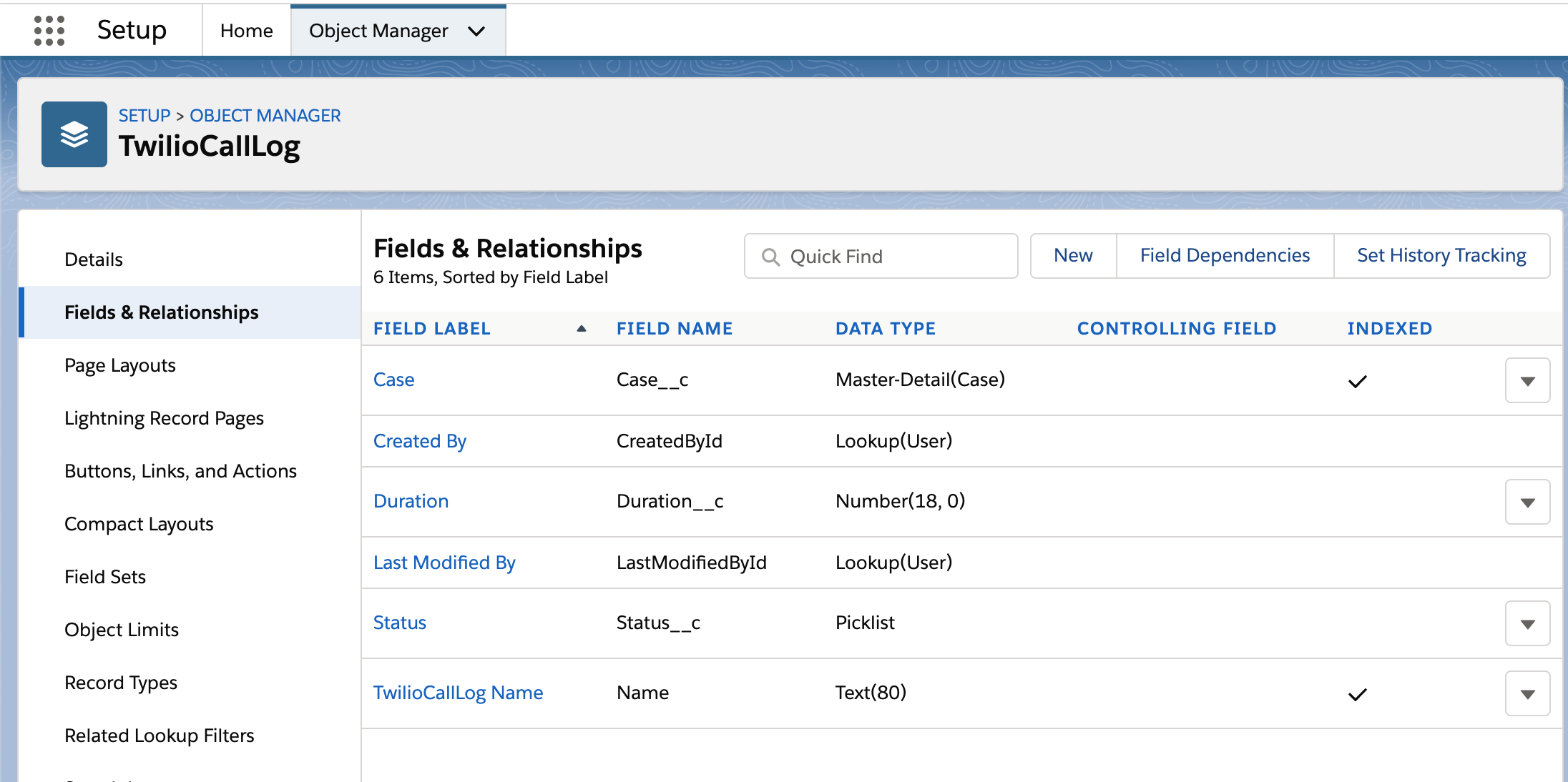 Twilio Call Log Custom Object