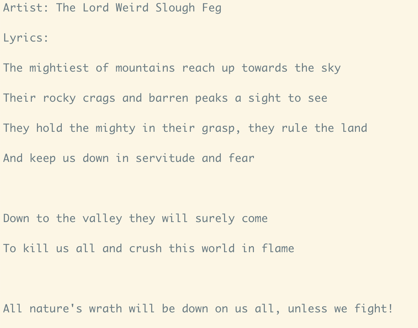 Computer-generated Slough Feg lyrics