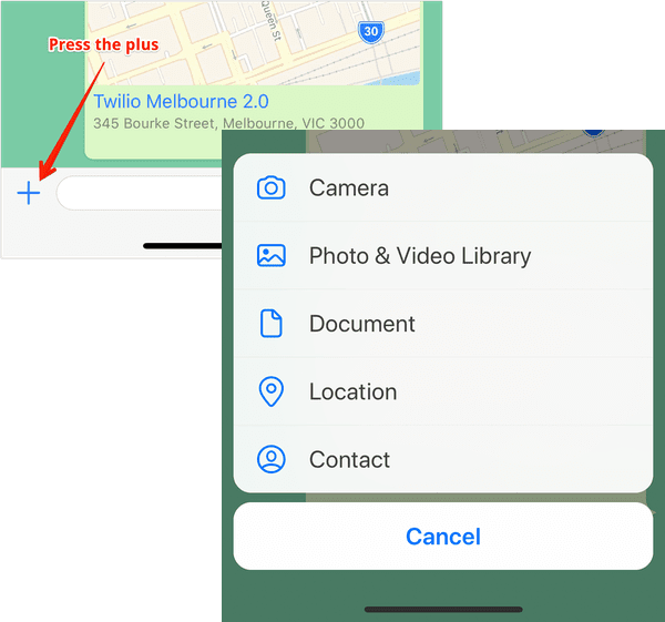 In the WhatsApp application, press the plus button next to the text input and then choose location from the menu.