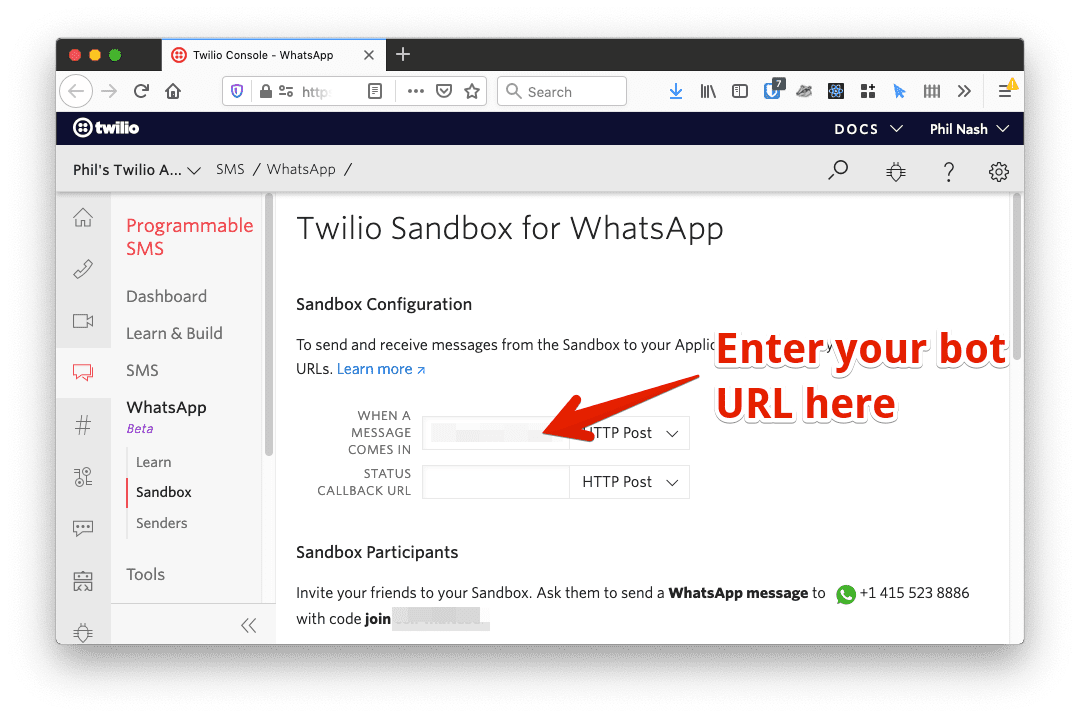 The Twilio Sandbox for WhatsApp config page. You should add your ngrok URL into the field labelled "When a message comes in".