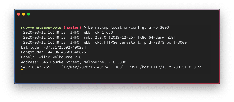 A terminal window showing the logs from the request. I sent a message from the Twilio office and it shows the latitude, longitude, label and address.