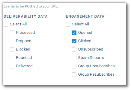 Event-Webhook-Konfiguration. Auswahl von „Opened- und „Clicked“-Ereignissen, die gepostet werden sollen.