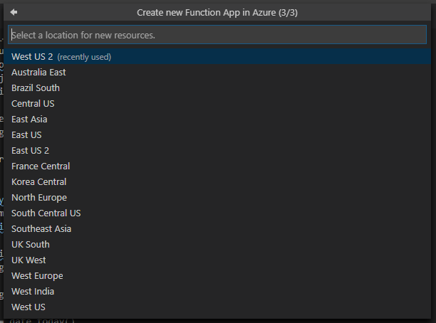 select region for azure function