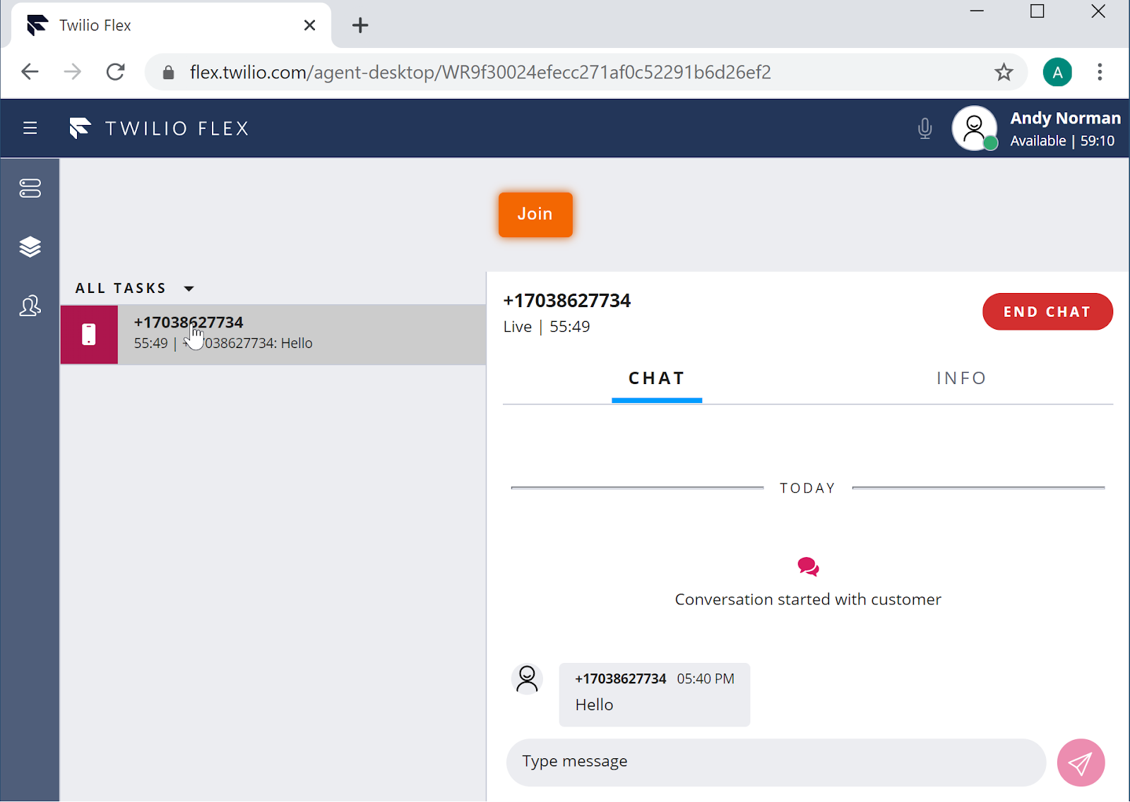 Twilio Flex - Agent View (join button - pivot from chat to co-browsing)