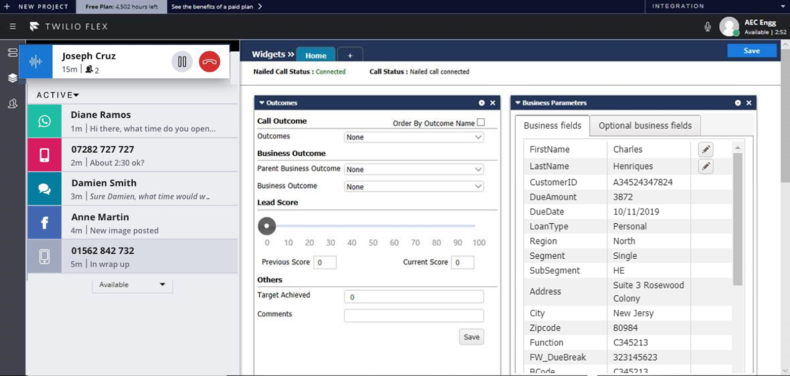 Twilio Flex Acqueon Integration - Agent View (outbound campaign)