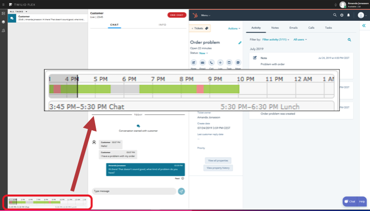 Twilio Flex Agent View with their daily schedule