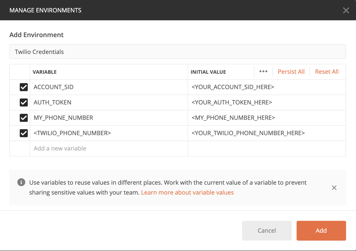 environment variables on postman