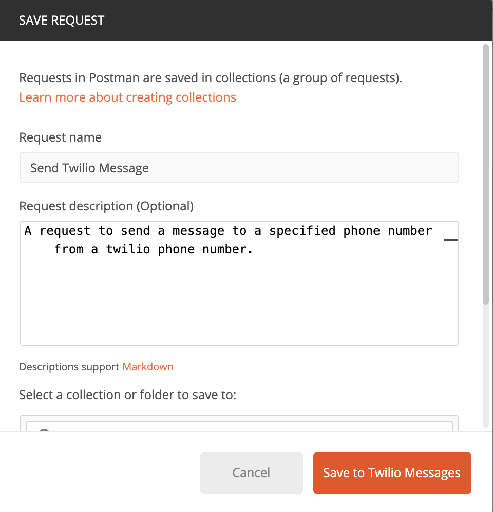 postman save request and description for "send twilio message" request