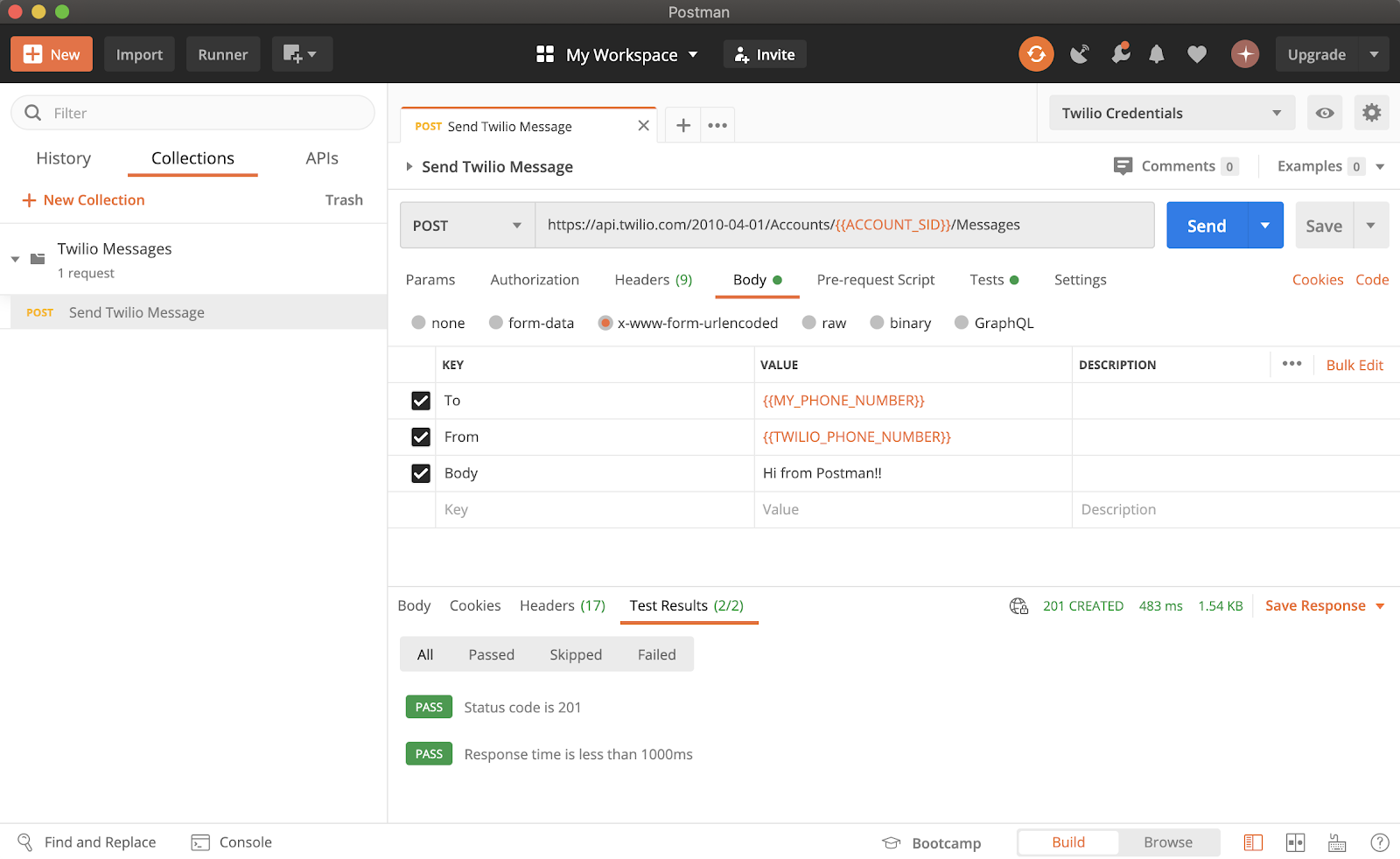 postman dashboard showing success results for the test tab