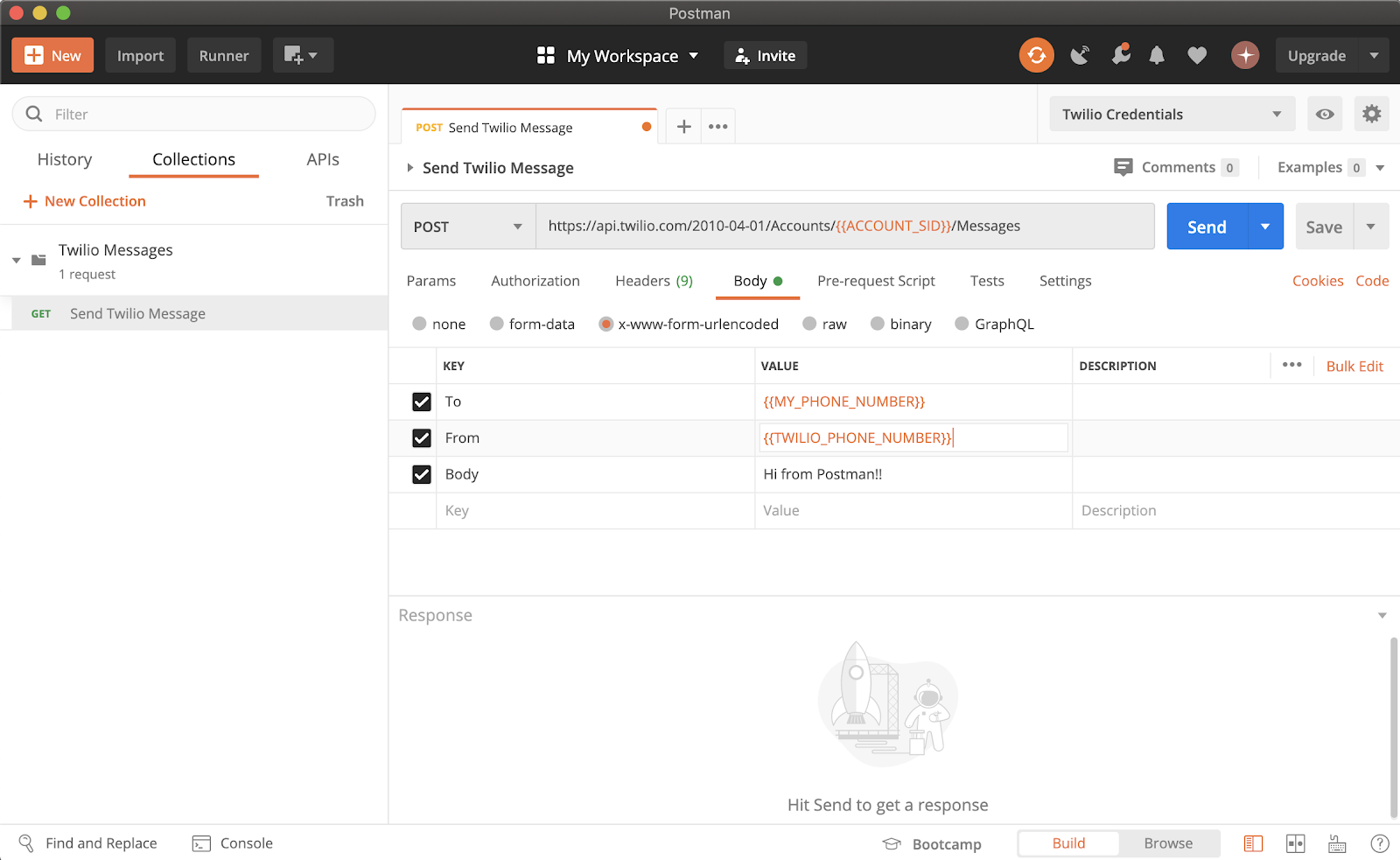 setting the environment variables for "send twilio message" collection