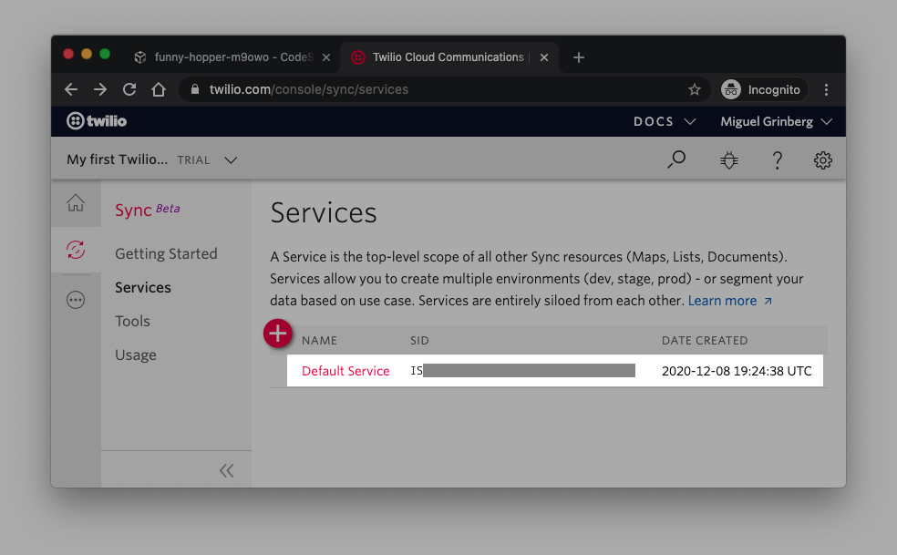 Twilio sync service sid