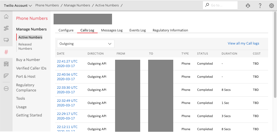 Twilio call log from the console