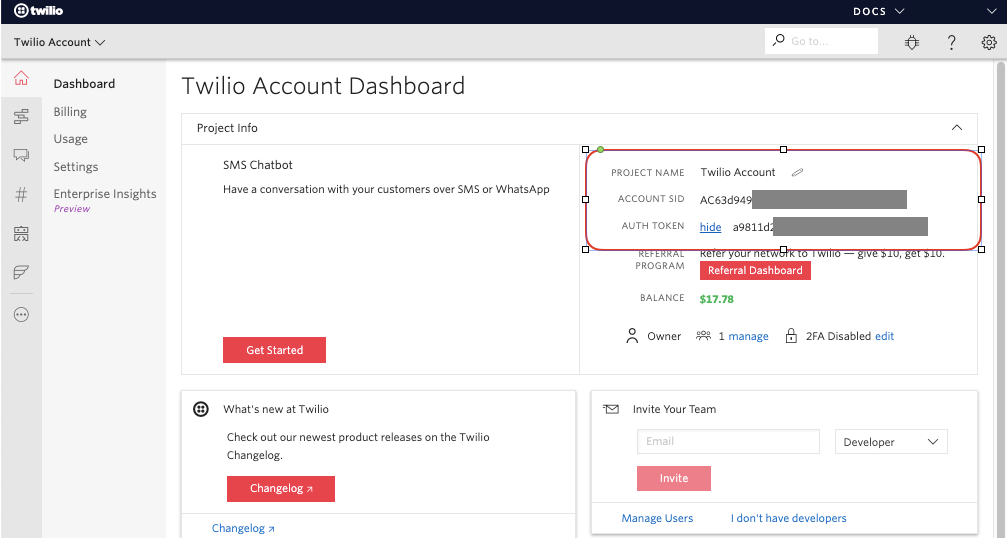 Twilio Account SID and Auth Token