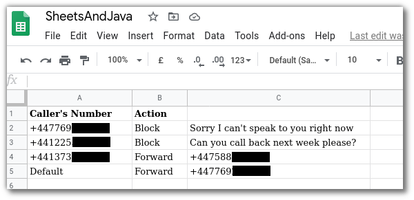 Screenshot of a Google Sheet with Columns for "Caller&#x27;s Number" and "Action". Action is either "Block" (with a message) or "Forward" (to another phone number)