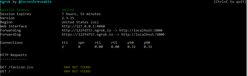 ngrok screenshot with 404 error