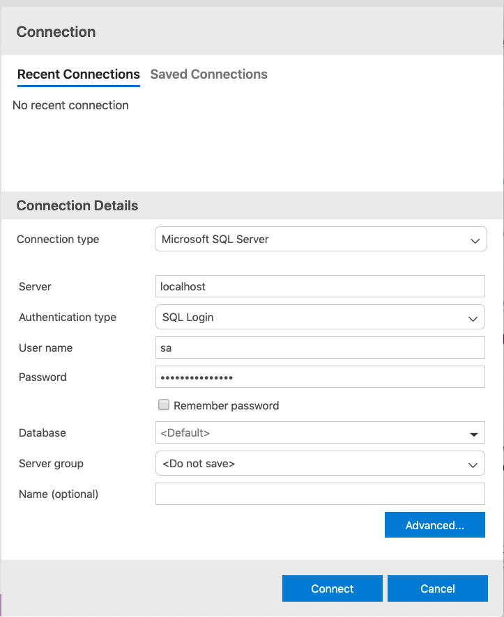 screenshot of connection wizard in Azure Data Studio