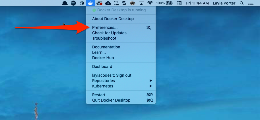 screenshot of Docker menu