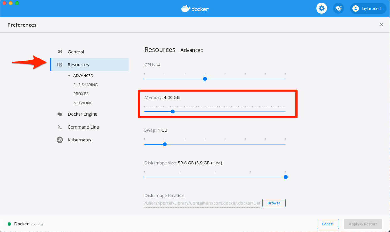 screenshot of Docker preferences showing memory allocation