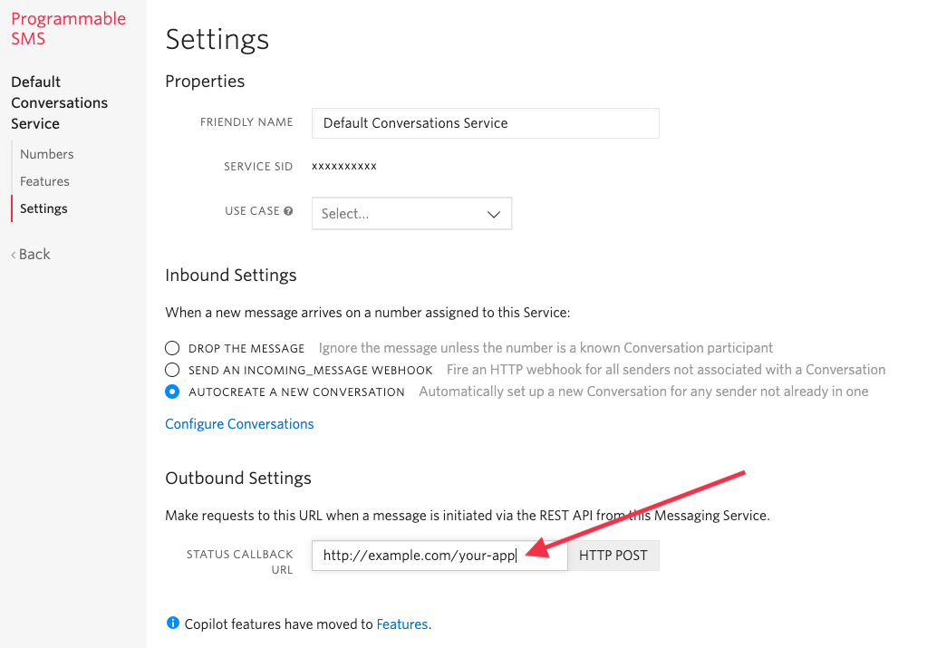 Screenshot of the Programmable SMS dashboard. This is optional, but you can add the URL of an application in the "Status Callback URL" field if you want to take action in response to message status callbacks.