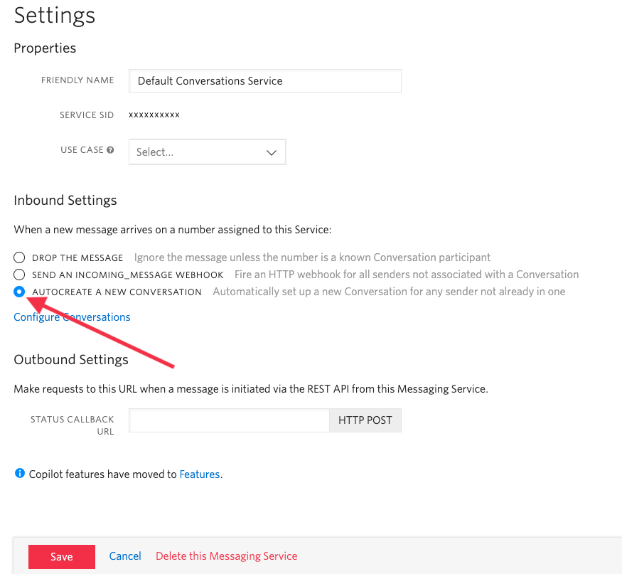 Screenshot of the settings page for the Default Conversations service. There is a radio button to specify what happens when a new message arrives for a number associated with the service. "Autocreate a new conversation" must be selected here.