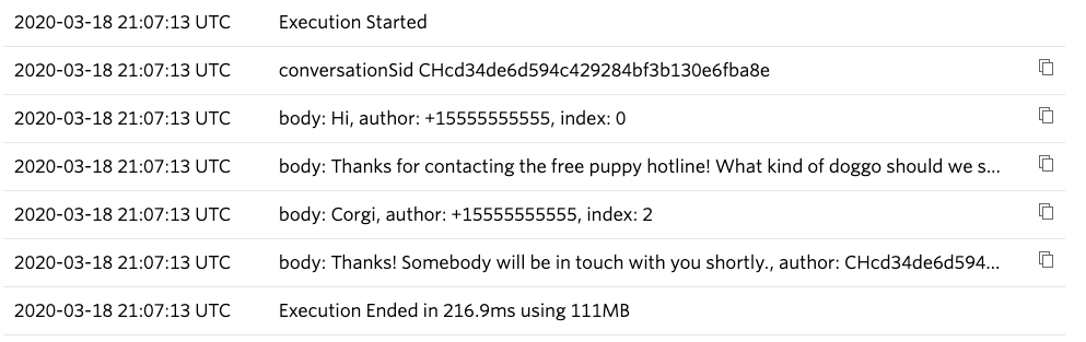 Screenshot of the logging output from the Twilio Function, which contains the conversation generated by testing the Studio Flow.