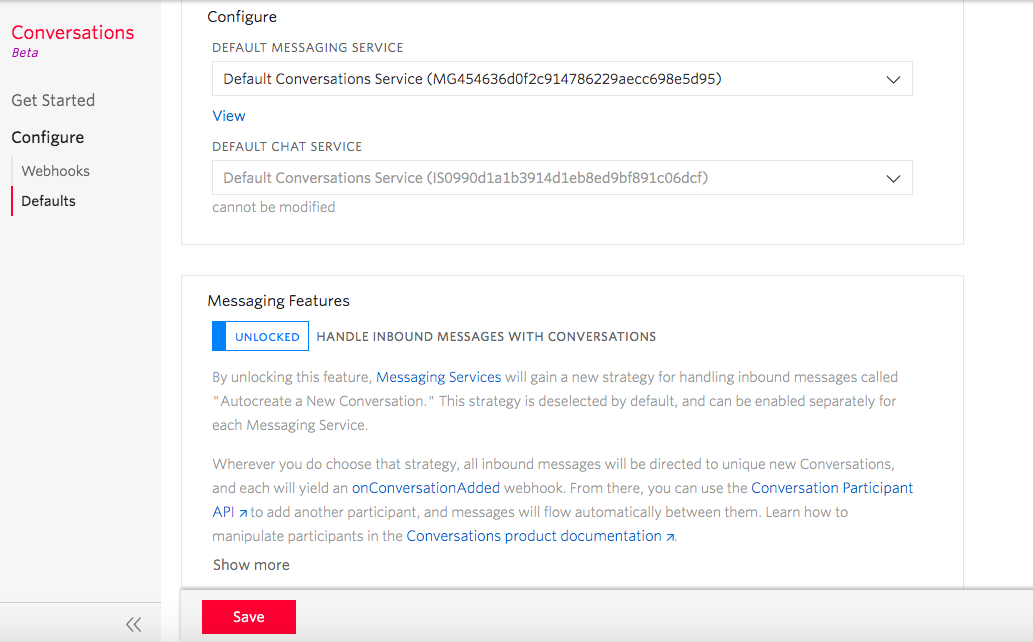 Screenshot of the configuration page for Conversations. There is a toggle called "Messaging Features" that needs to be set to "Unlocked" so that we can handle inbound messages with Conversations.