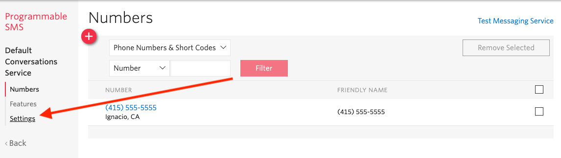 Screenshot of the Programmable SMS dashboard. There is an arrow pointing towards the Settings page on the right, which is where we need to navigate to.