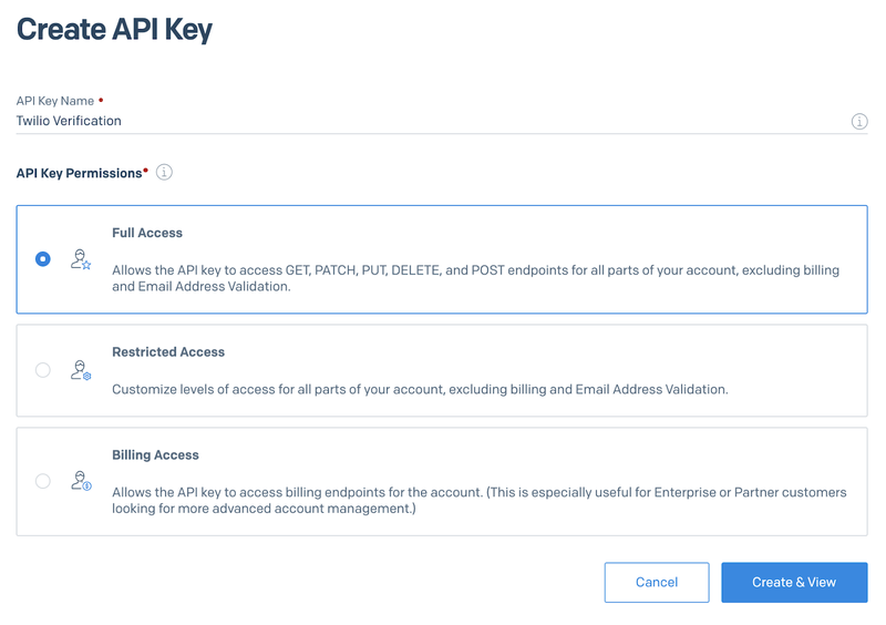 Painel de chaves de API do SendGrid