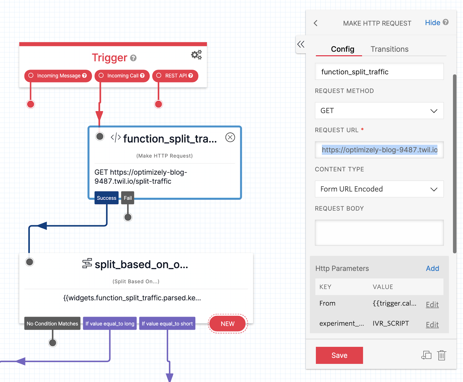 screenshot of the trigger, function split traffic, and split traffic functions involved in the Twilio Studio workflow