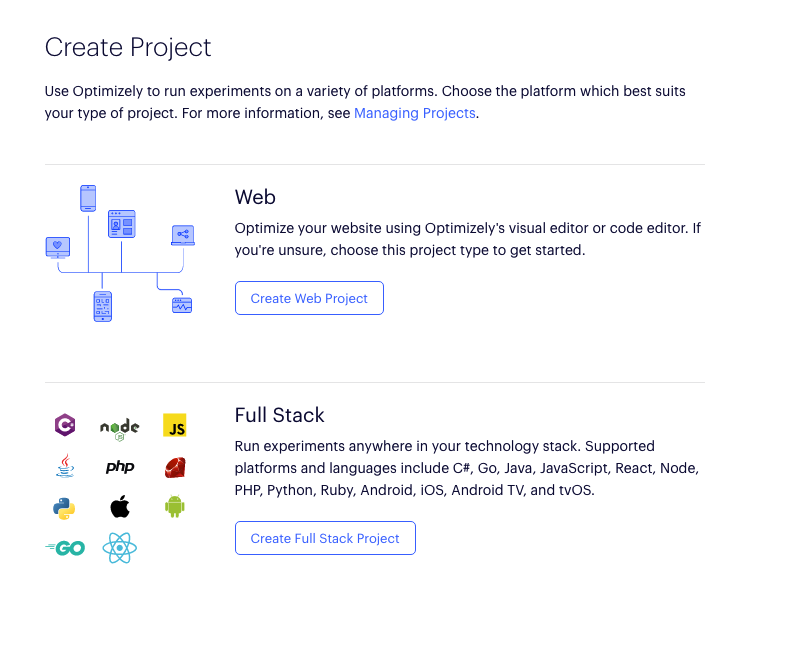 screenshot of the Optimizely "Create Project" dashboard