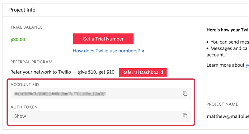 Retrieve Twilio Account SID and Auth Token